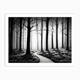 Path In The Woods, black and white art, forest landscape Art Print