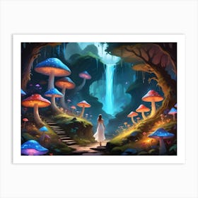 Woman Walking Through A Mystical Forest With Glowing Mushrooms And A Waterfall 8 Art Print