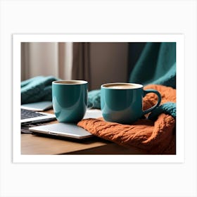 A Cozy, Still Life Image Featuring A Laptop Computer, Two Mugs Of Coffee, And A Warm, Orange Blanket Art Print