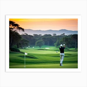 Evening Glow Softly Embracing A Serene Golf Course As A Golfer Swings A White Driver Amidst The Acti (6) Affiche