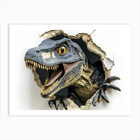 Realistic Velociraptor Breaking Through Wall - Dinosaur 3D Art Art Print