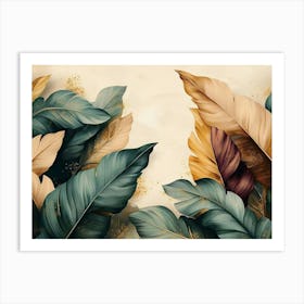 Vintage Tropical Green Brown Leaves, Beige Golden Texture 2 Art Print