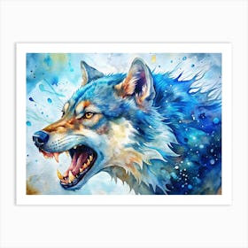 Watercolor Illustration Of A Wolf With Yellow Eyes Roaring Art Print