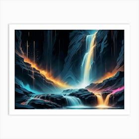 Abstract Landscape Featuring A Waterfall Cascading Down A Cliff Face With Glowing, Colorful Lights, Creating A Surreal And Magical Scene Art Print