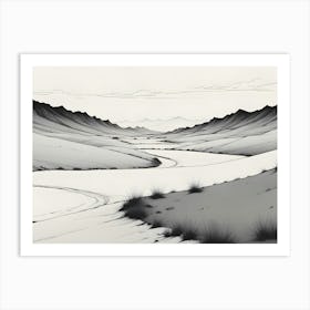 A Black And White Illustration Of A Valley With Mountains In The Background Art Print