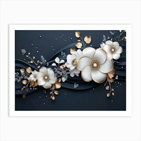 White Flowers On A Blue Background Art Print