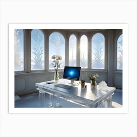 A Minimalist Workspace With A Glass Desk, A Computer, And A Vase With Flowers Art Print