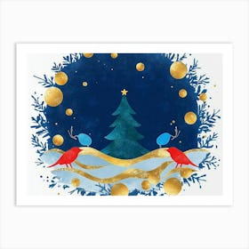 Dark Blue Art From The Contemporary Era Christmas Tree, Mountain, Deer, Birds, And Waves 1 Art Print