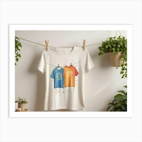 A White T Shirt With A Design Of Two Shirts Hanging On A Clothesline Art Print