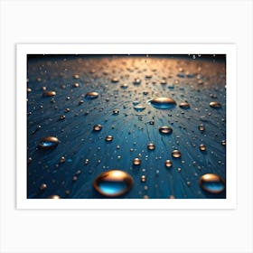 Reflective Water Droplets Sit On A Dark Blue Surface With Subtle Streaks, Reflecting A Warm, Golden Light Source Art Print