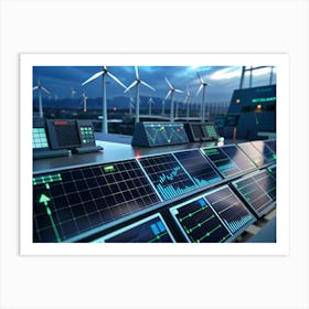 Control Panel With Illuminated Screens Displaying Data, With A Field Of Wind Turbines Visible In The Background Art Print