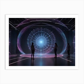 Three Women Silhouetted Against A Futuristic, Interactive Display Of Swirling Lines And Data Points In A Dark Room Art Print