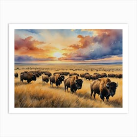 Bison At Sunset Meadow Slumber Beneath the Frost Art Print