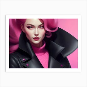 Pink Beauty In Black Leather Coat Art Print