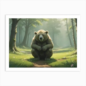 Illustration Of A Brown Bear Sitting In A Sunny Forest Clearing With Flowers And A Path Art Print