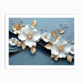 3d Artwork Illustration White Background With Golden Jewelry And Flower 1 Art Print