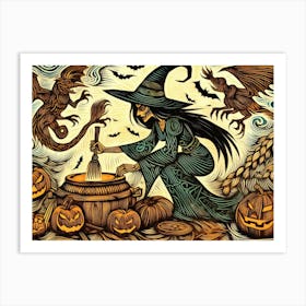 The Enchanting Witch's Brew And Pumpkins Art Print