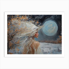 The White Witch - Oil Painting by John Arwen Witchy Art Pagan Mythology Narnia Full Moon Fairytale Enchanting Witchcraft Beautiful Autumn Winter Snow Scene Magical Magick Blue Moon Lunar HD Art Print