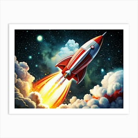 Vintage Rocket Ship Launching Into Space Art Print