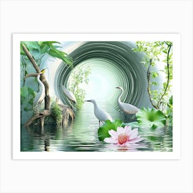 Birds In A 3D Tunnel With Fish And A Stream Art Print