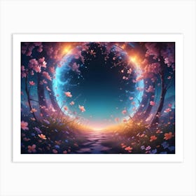 A Magical, Fantasy Like Scene Of A Path Leading Through A Forest With Glowing Lights Art Print