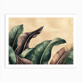 Vintage Tropical Green Brown Leaves, Beige Golden Texture 1 Art Print