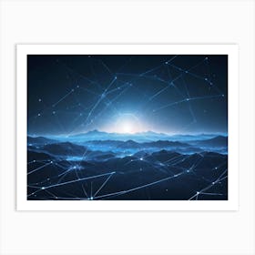 Abstract Blue Network With Light Over A Mountain Landscape Art Print