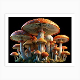 Group Of Colorful Mushrooms On Black Background Art Print