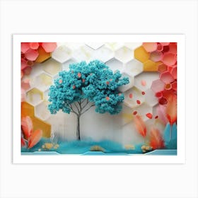 Abstract Scene With A Turquoise Tree Against A Vibrant Hexagon And Feather Art Print