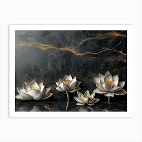 3d Lotus Flowers On A Black Granite Luxury Art Print