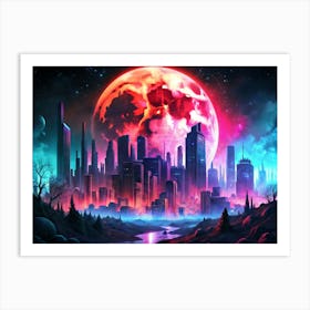 Futuristic Cityscape With Red Moon And Boat Art Print