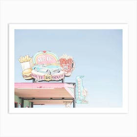 Route 66, USA I Retro vintage neon sign for 50s American diner Mr D'z in pastel pink, blue aesthetic photography with a vintage car fries, burger and beer as an illustration drawing art in Arizona or California Art Print