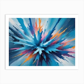 An Abstract Explosion Of Blue, Orange, Pink And White Paint Splatters, Creating A Dynamic And Vibrant Composition Art Print