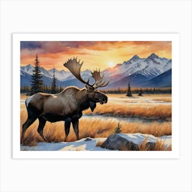 Golden Horizons, Peaceful Skies Moose In The Mountains Art Print