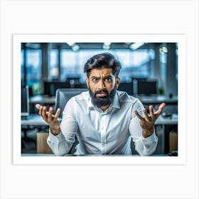 Confused Businessman With Bearded Gesturing With Hands Art Print