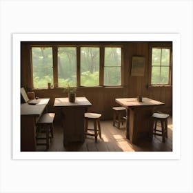 A Wooden Room Interior With Large Windows Overlooking A Green Forest, Creating A Natural And Serene Atmosphere Art Print