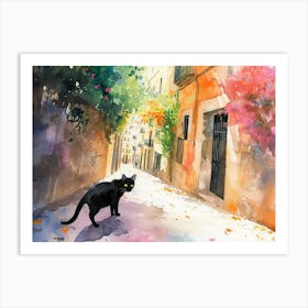 Barcelona, Spain   Black Cat In Street Art Watercolour Painting 3 Art Print