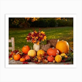 Autumnal Still Life Composition Featuring A Wooden Table Set In A Rustic Garden During The Golden Ho Art Print