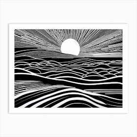 Ephemeral Echoes Of Silence Linocut Black And White Painting, linocut ocean landscape Art Print