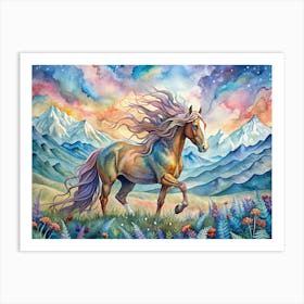 Watercolor Painting Of A Horse Running Through A Mountain Landscape Art Print