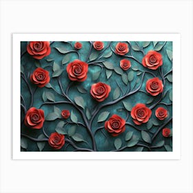 3d Texture of Branches with Red Roses and Leaves Art Print