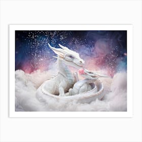 A Mother Dragon With The Protective Posture Of Her Slumbering Young Shrouded In A Traceable Cloud Art Print