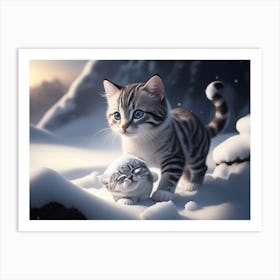 A Kitten Playing In The Snowy Landscape Art Print