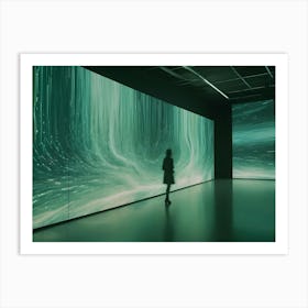 A Woman In Silhouette Stands In A Dark Room With A Large Screen Displaying A Vibrant, Green, Swirling Light Pattern Art Print