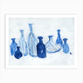 Eight Blue Bottles - painting kitchen art still life blue white Art Print