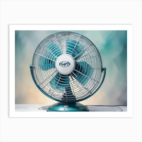 A Teal Electric Fan On A White Background Art Print