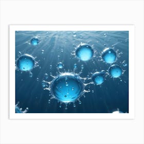 Close Up Of Water Droplets Floating And Splashing In A Blue Underwater Scene Art Print