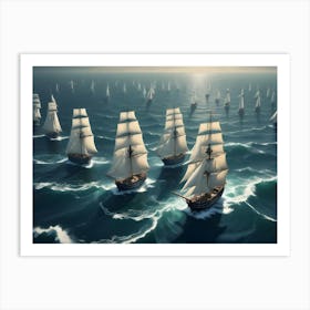 Aerial View Of A Fleet Of Tall Ships With White Sails Navigating Rough Seas Art Print