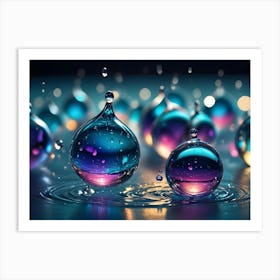 A Close Up Shot Of Colorful Water Drops, Some Of Which Are Suspended In Mid Air And Others Are Creating Ripples On A Dark Blue Surface Art Print