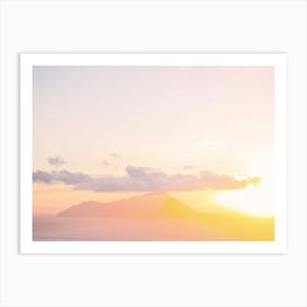 Milos, Greece I Aesthetic orange pastel sunset light over the greek mountains of the Cyclades island from the village of Plaka for a colorful minimalist geometric graphic design fine art photography Art Print